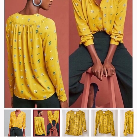 Anthropologie Mustard Yellow Bow Print Button Top - Picture 3 of 9